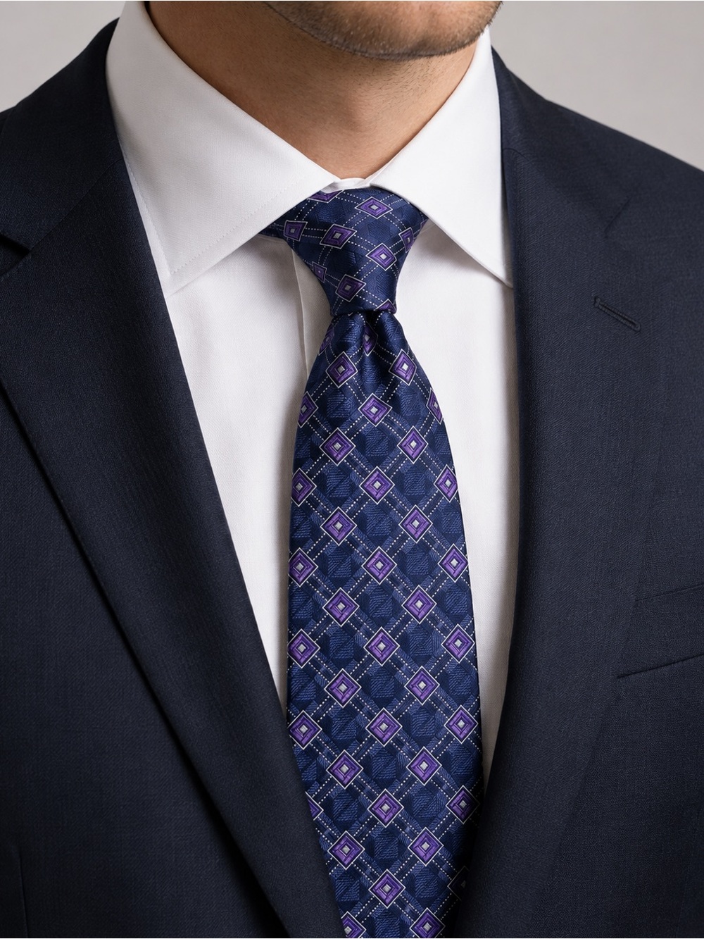 Classic Navy Tie with Purple Geometric Motif - Men Accessories
